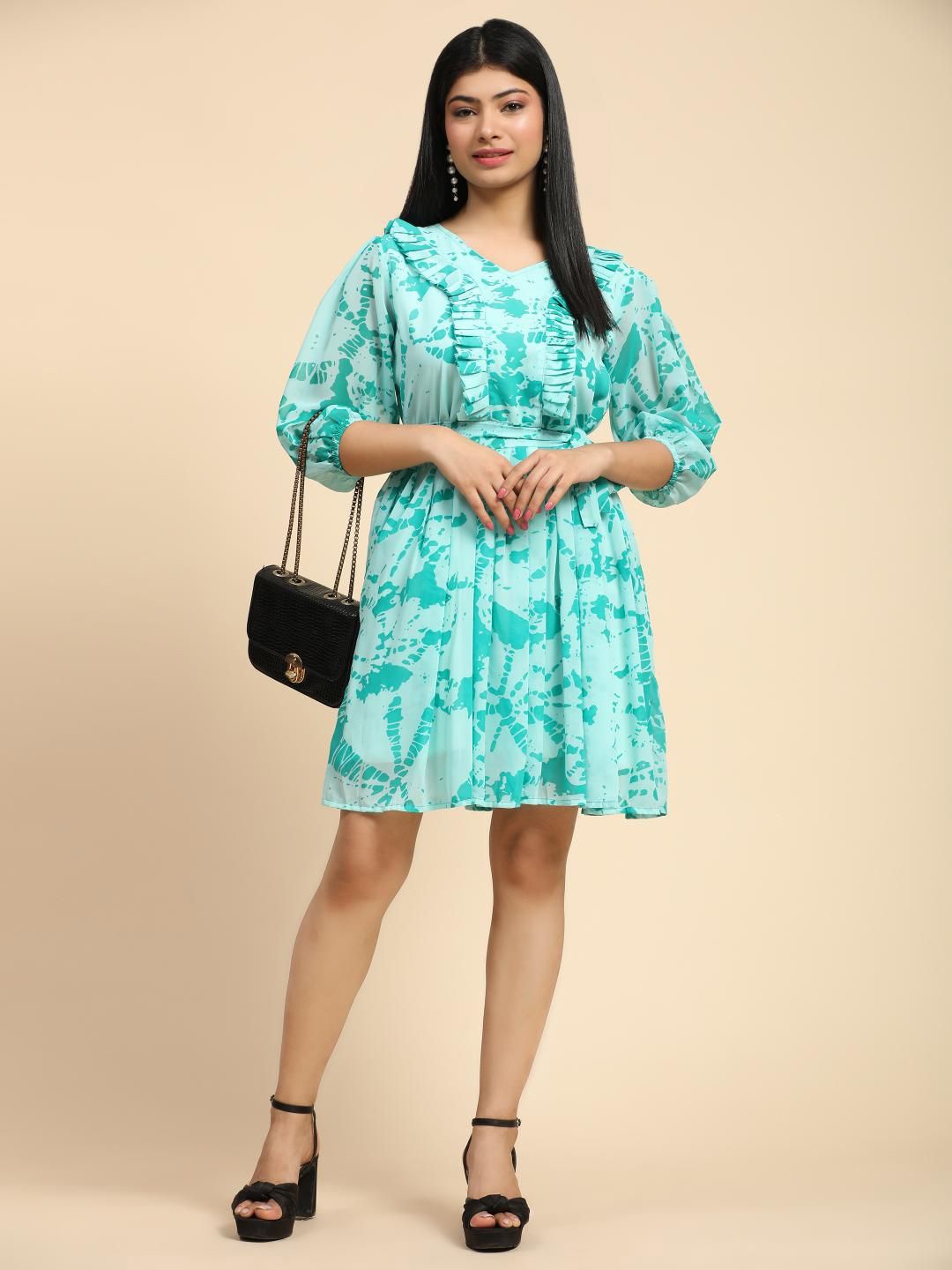 

VenderVilla Women Floral Print Flared Sleeve Fit & Flare Dress, Sea green