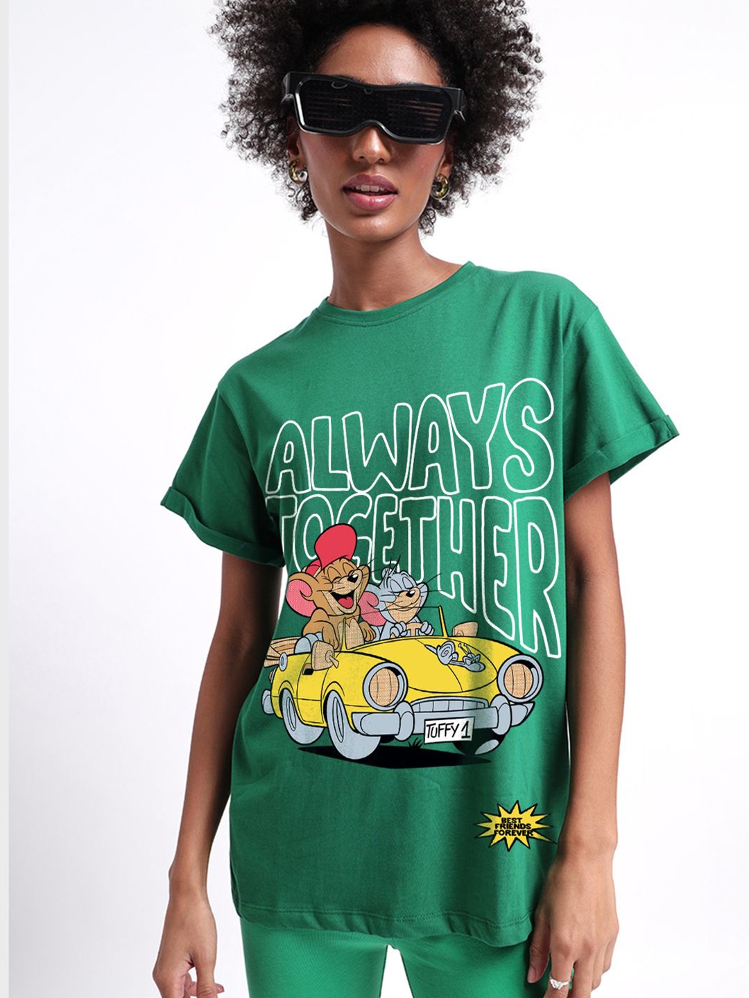 

Bewakoof Women Graphic Printed Round Neck Cotton Oversized Tom & Jerry T-shirt, Green