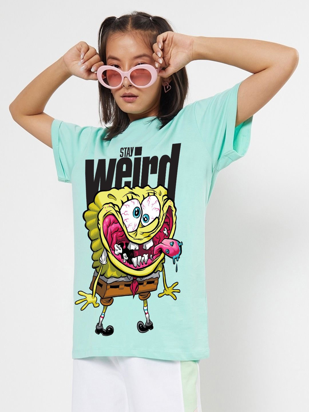 

Bewakoof Women Graphic Printed Round Neck Cotton Relaxed Fit Spongebob T-shirt, Green