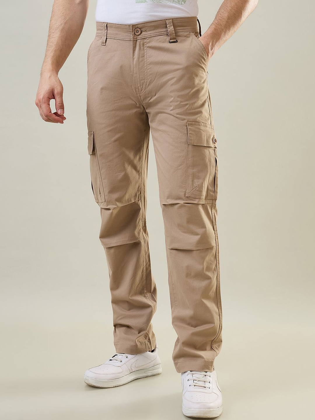 

TIM PARIS Men Regular Fit Mid-Rise Cargos Trousers, Beige