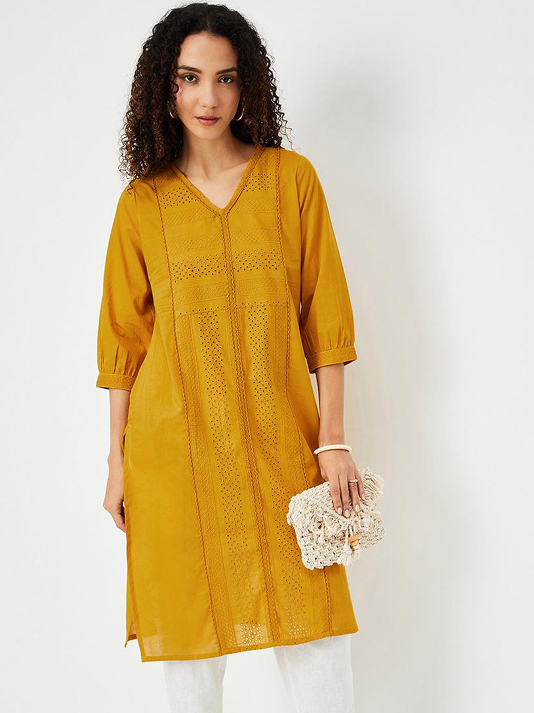 

max Floral Embroidered Thread Work Cotton Straight Kurta, Mustard