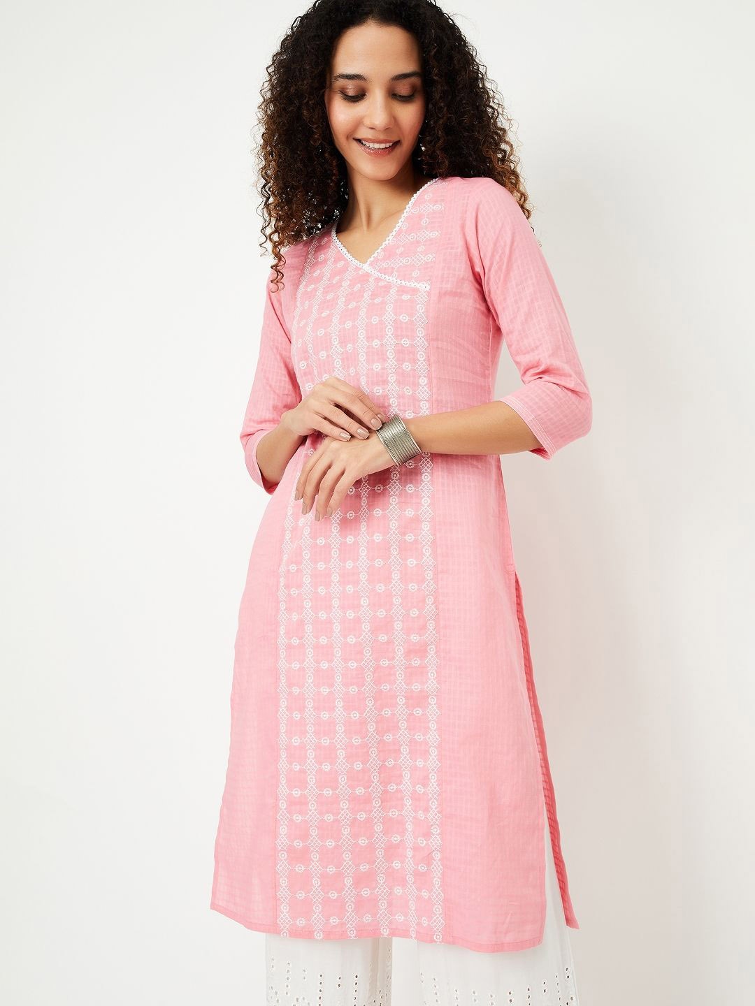 

max Geometric Embroidered Thread Work Cotton Straight Kurta, Pink