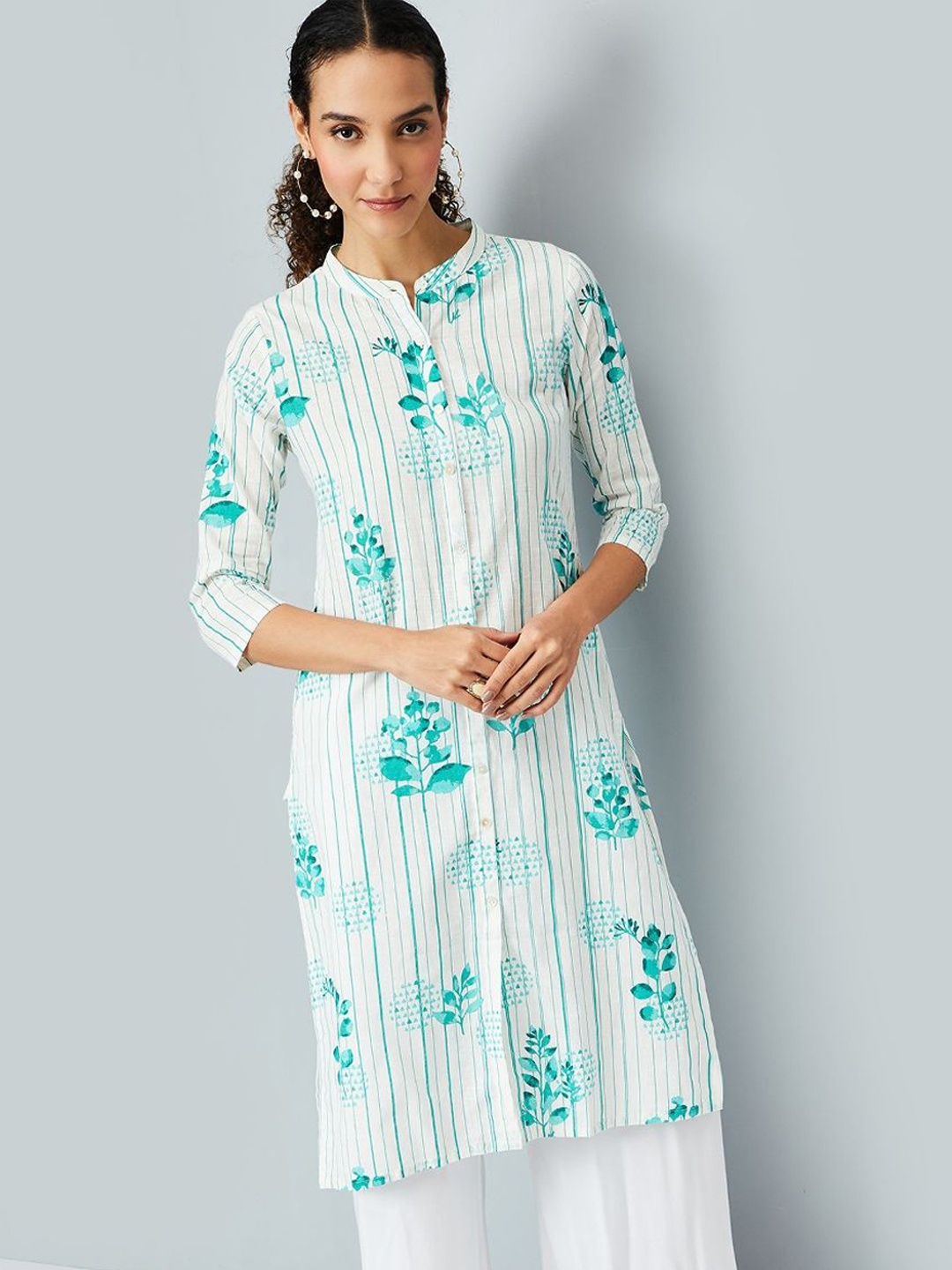 

max Floral Printed Mandarin Collar Straight Cotton Kurta, Turquoise blue