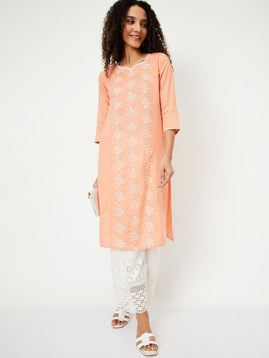 

max Floral Embroidered Thread Work Cotton Straight Kurta, Orange