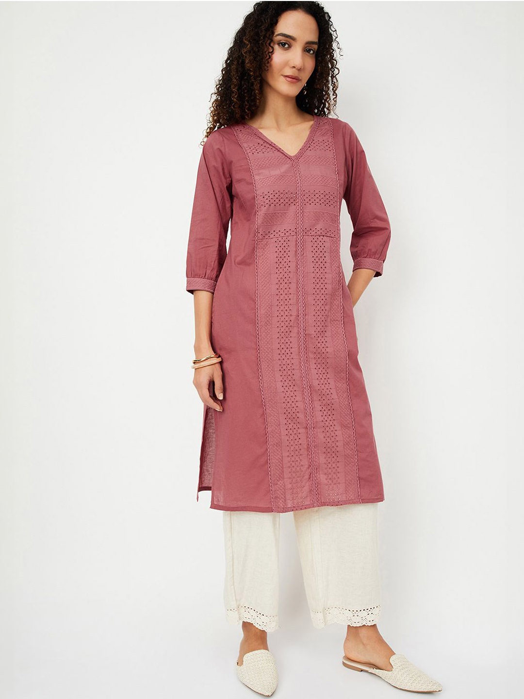 

max Floral Woven Design V-Neck Straight Cotton Kurta, Coral