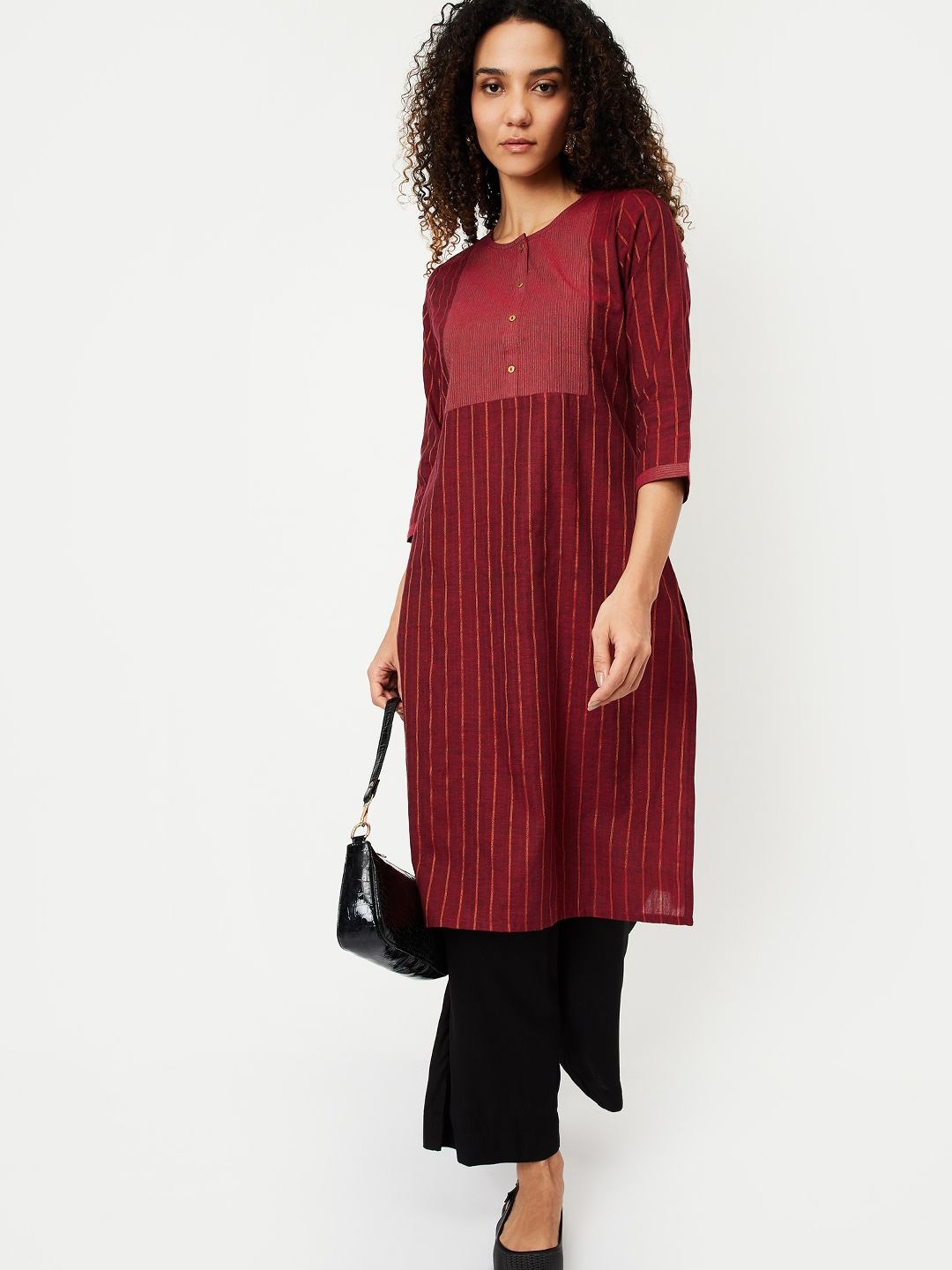 

max Striped Thread Work Cotton Straight Kurta, Maroon