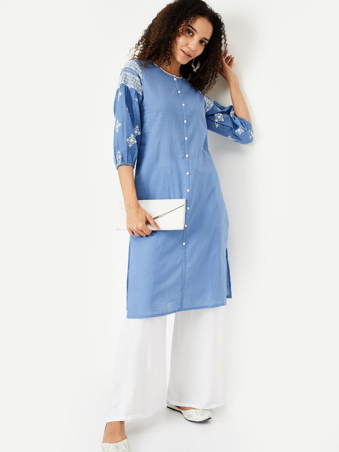 

max Thread Work Cotton Straight Kurta, Blue