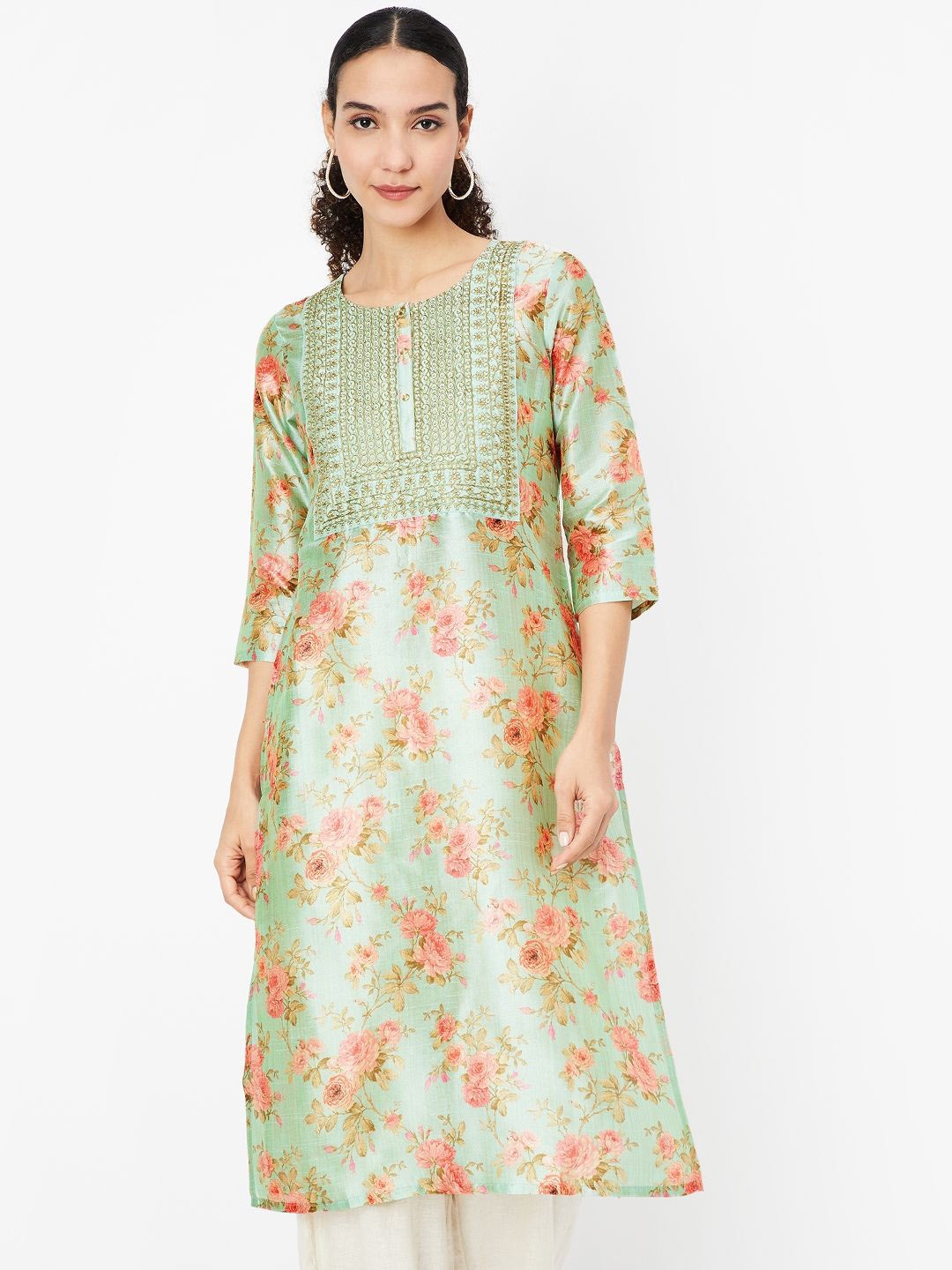 

max Floral Printed Thread Work Straight Kurta, Green
