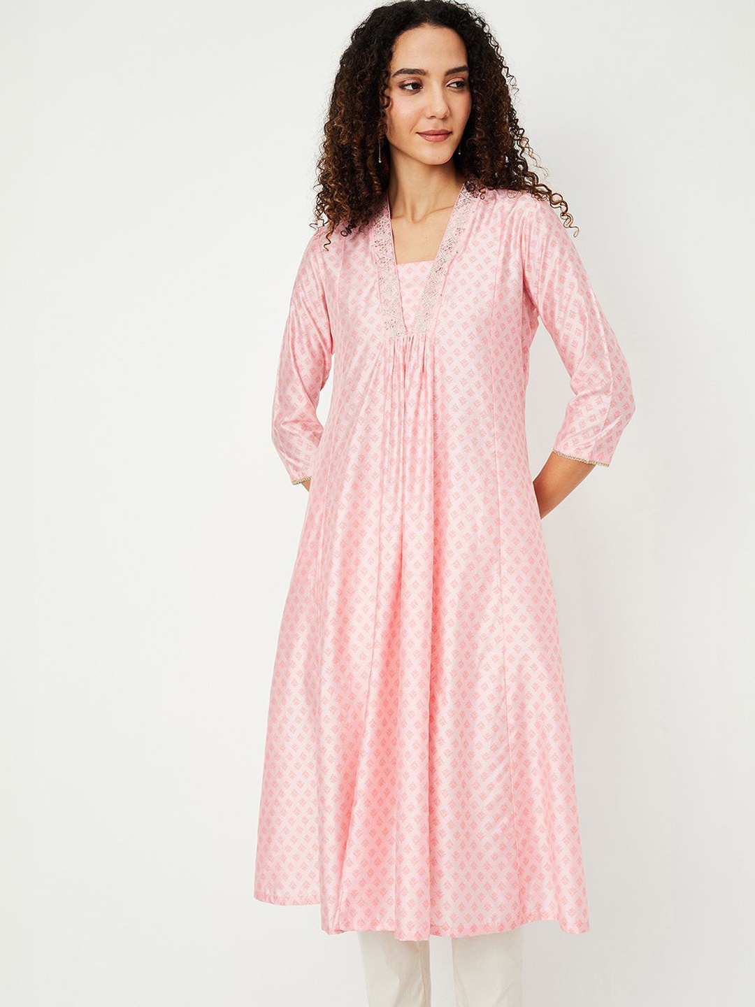 

max Floral Woven Design Square Neck Pleated A-Line Kurta, Coral