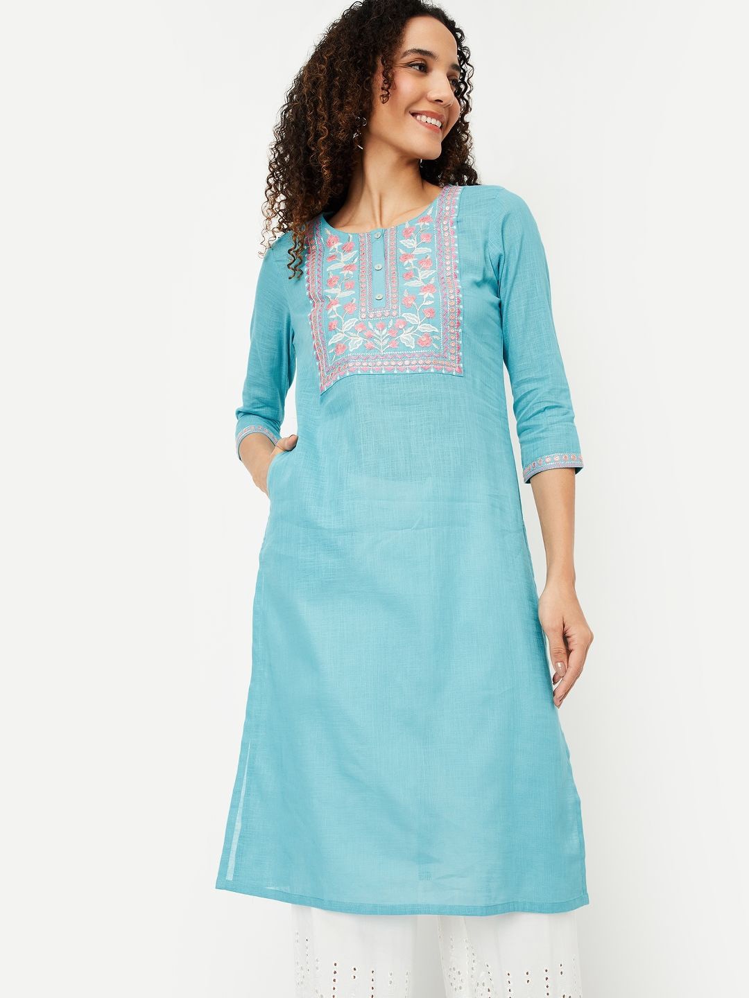 

max Floral Yoke Design Thread Work Cotton Straight Kurta, Blue