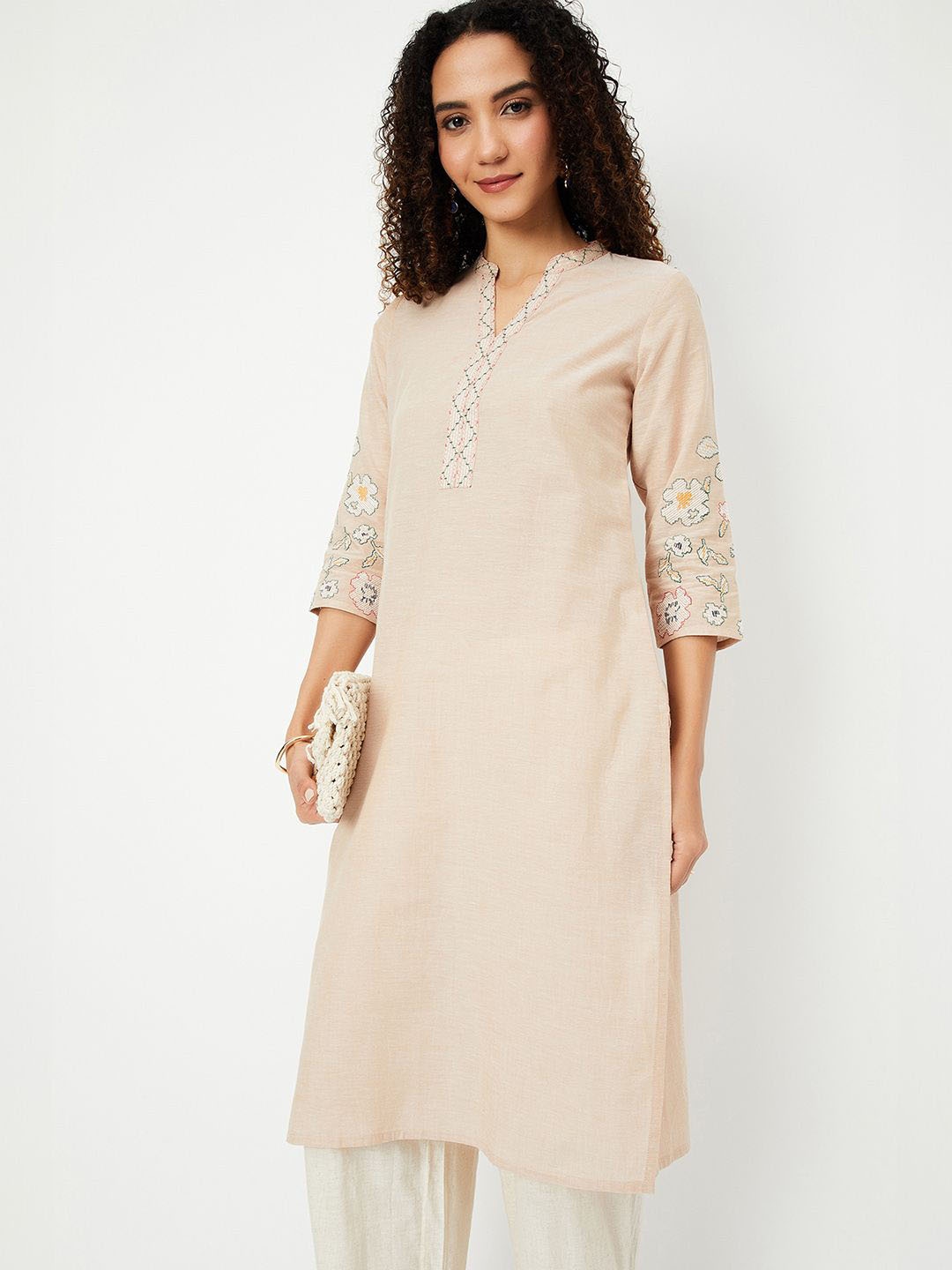 

max Floral Embroidered Mandarin Collar Thread Work Straight Cotton Kurta, Beige