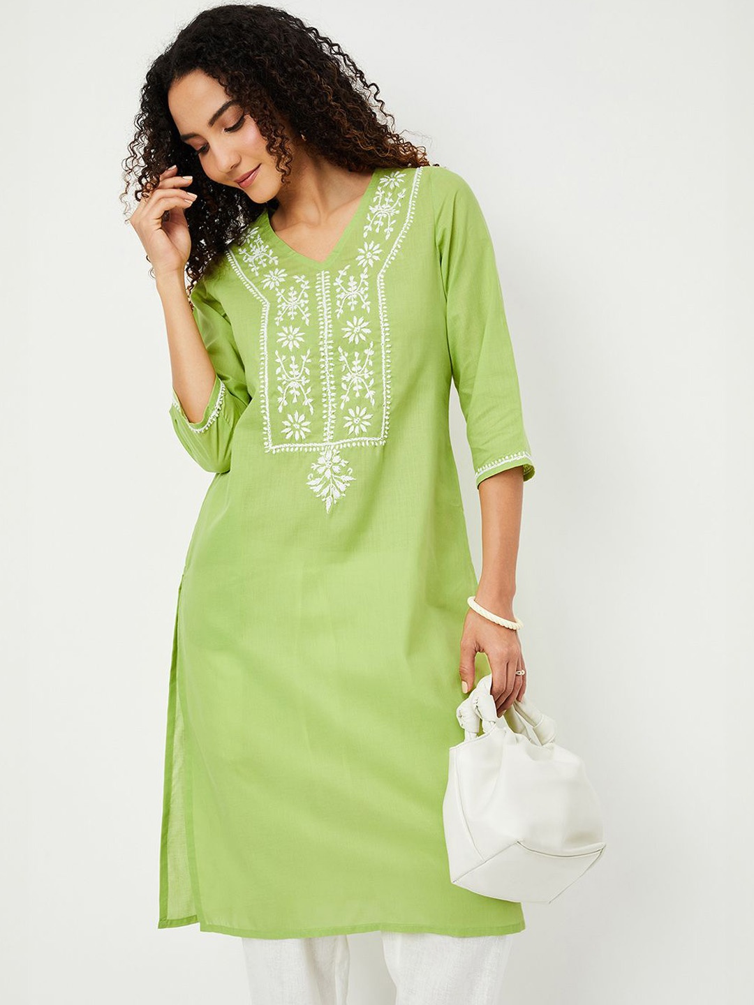 

max Floral Embroidered V-Neck Thread Work Straight Kurta, Green