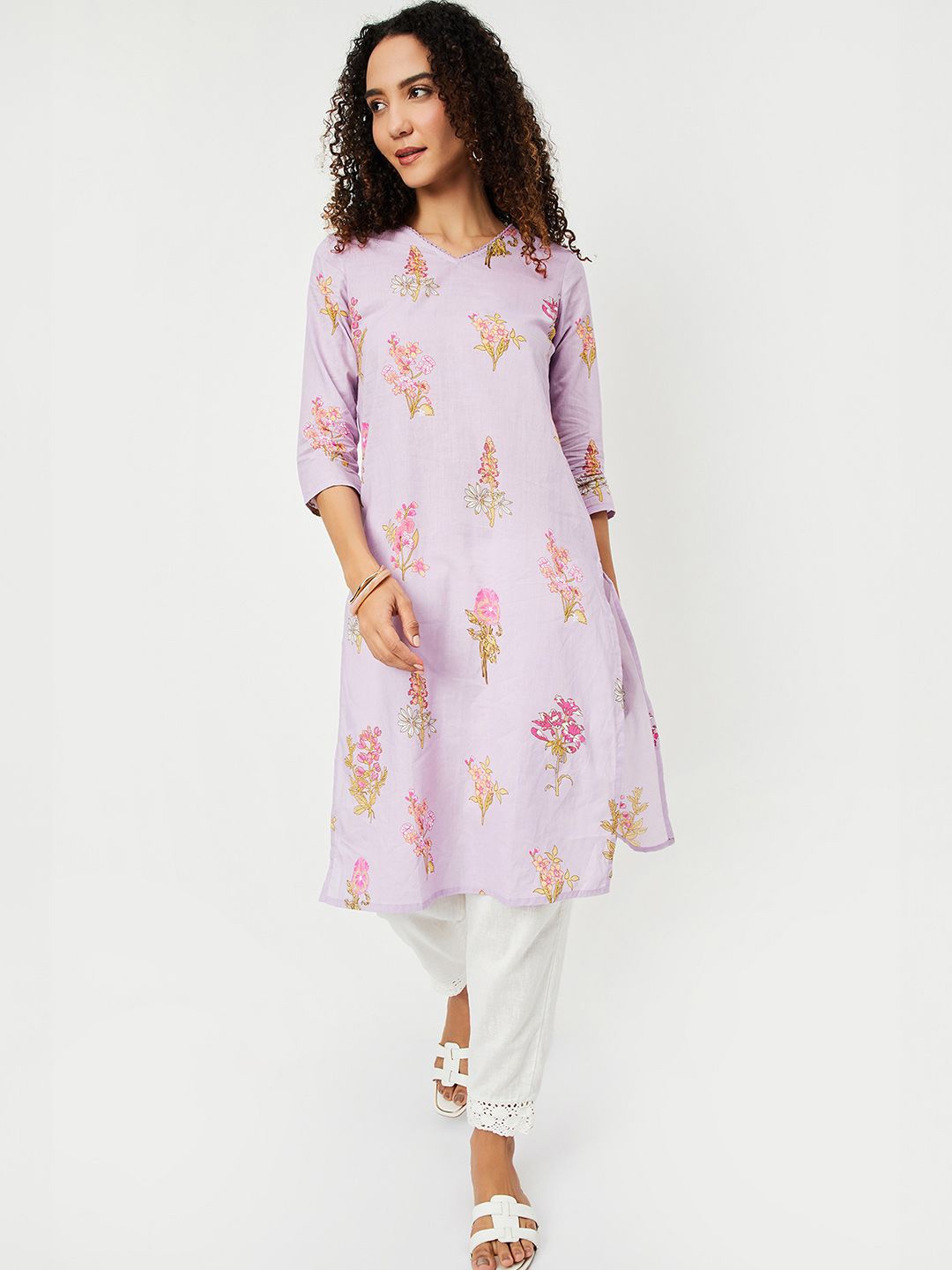 

max Floral Printed Cotton Straight Kurta, Purple
