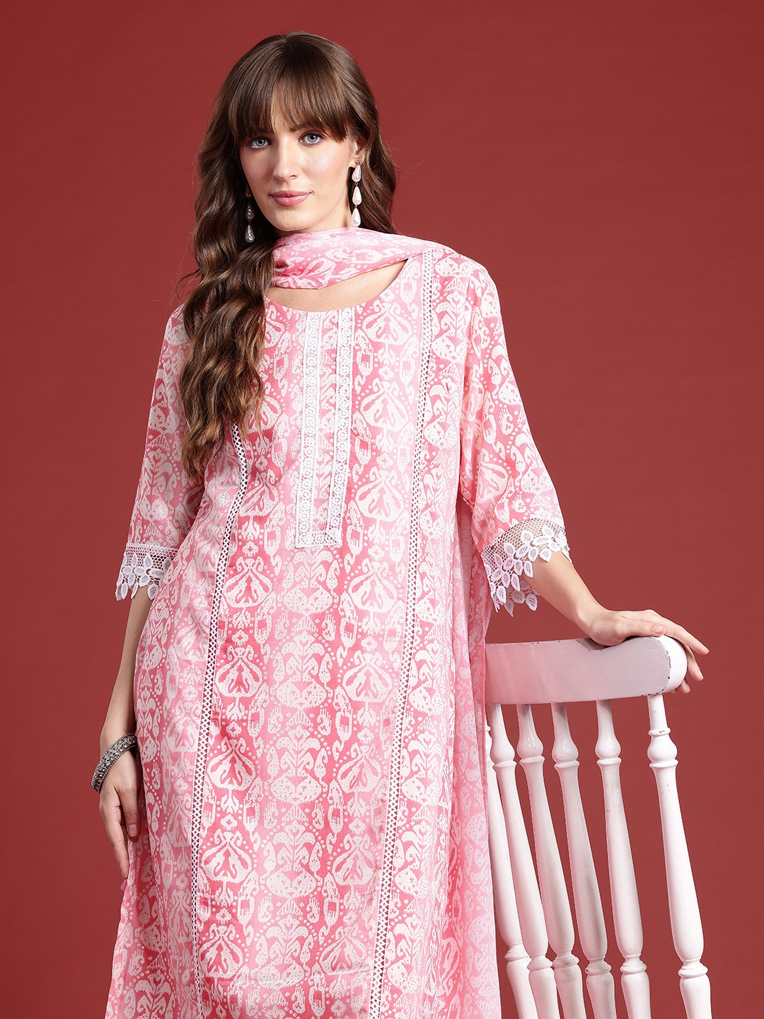 

Anouk Ethnic Motifs Printed Lace Inserts Kurta with Trousers & With Dupatta, Pink