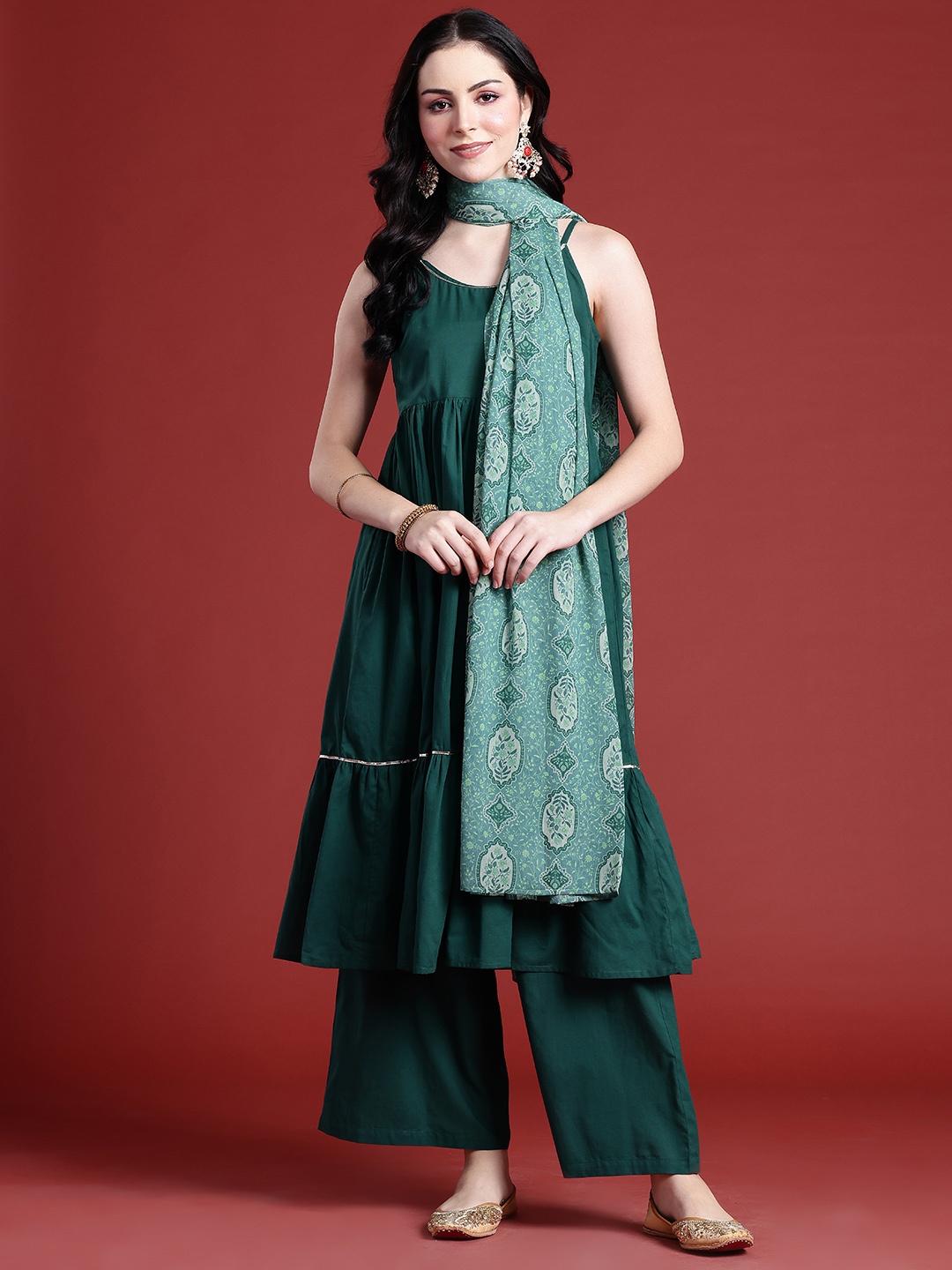 

Anouk Gotta Patti Empire Cotton Kurta with Palazzos & With Dupatta, Green