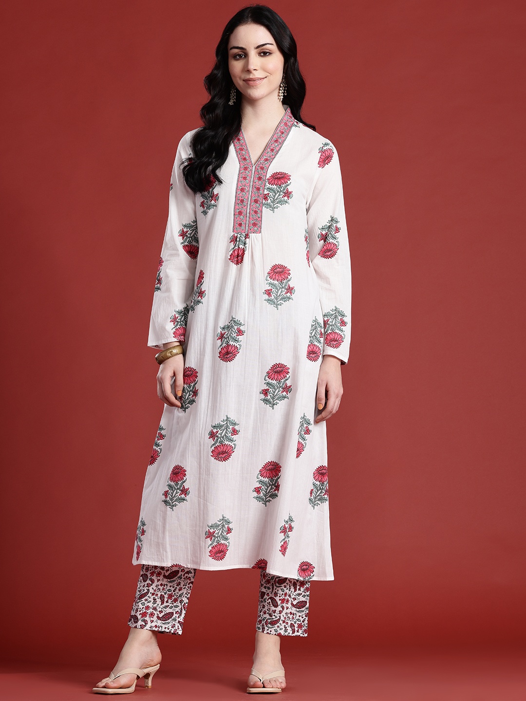 

Anouk Floral Print Pure Cotton Kurta with Trousers, White