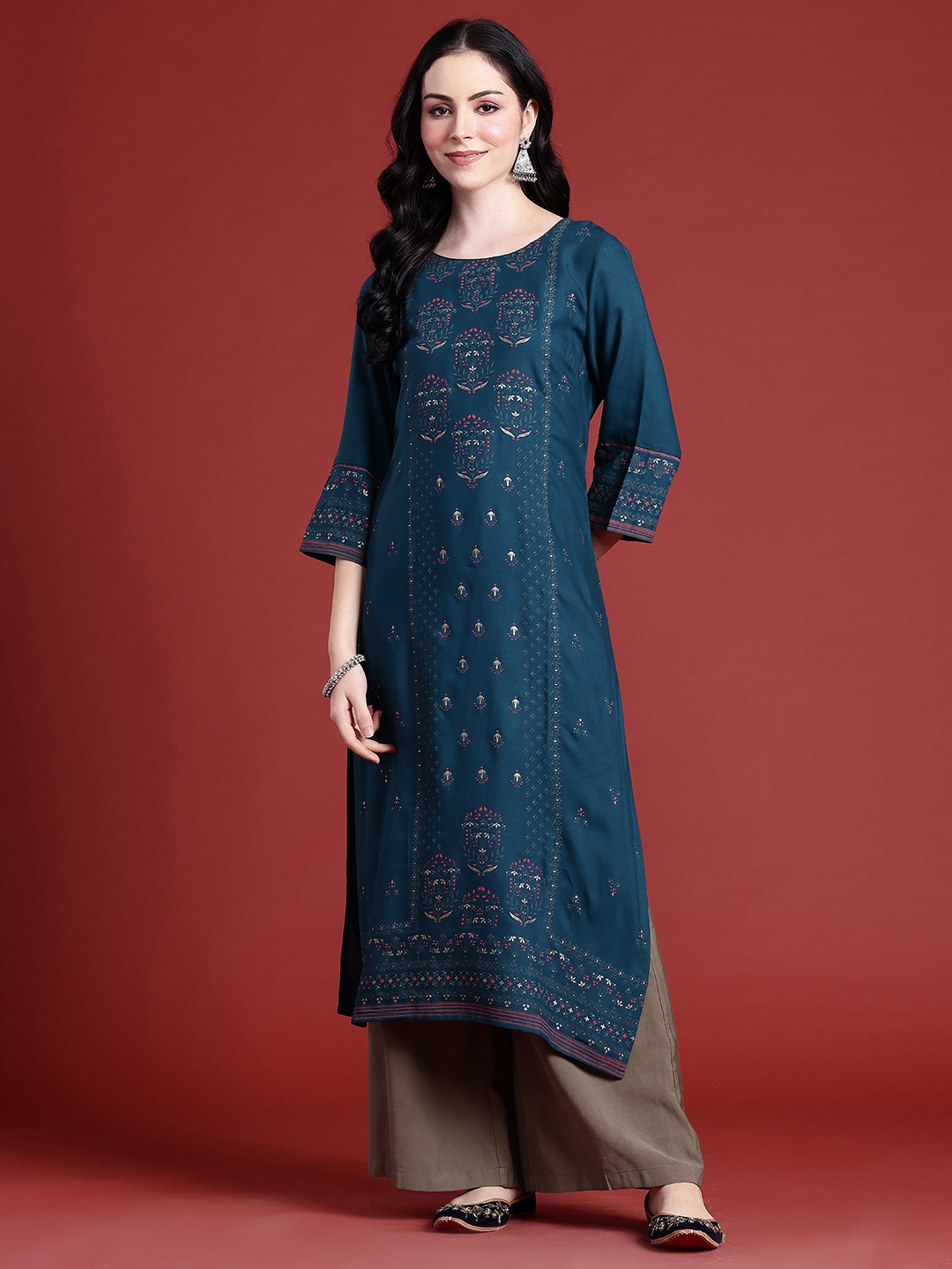 

Anouk Ethnic Motifs Printed Asymmetric Hem Kurta, Teal