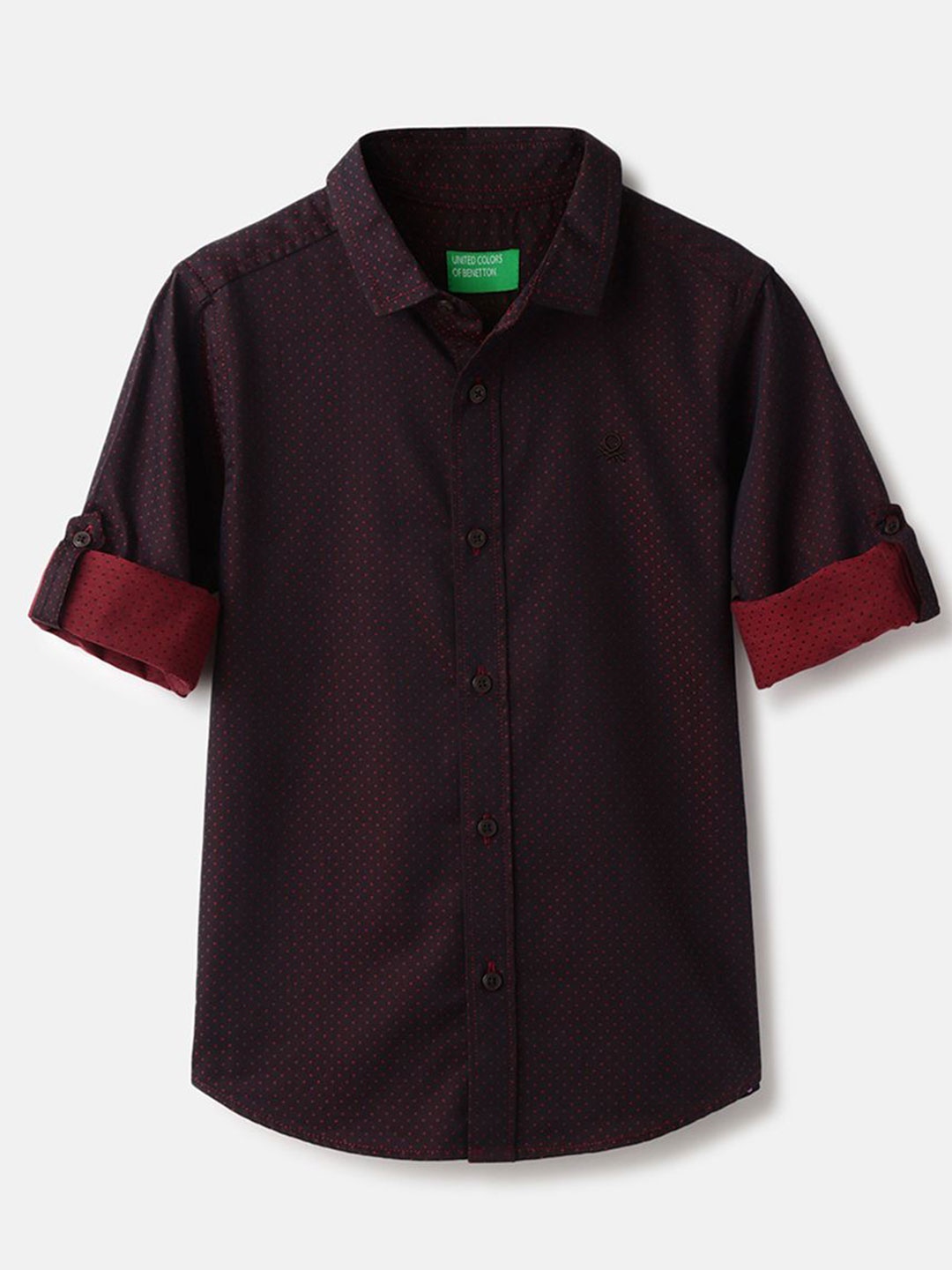 

United Colors of Benetton Boys Spread Collar Micro Ditsy Printed Cotton Casual Shirt, Maroon