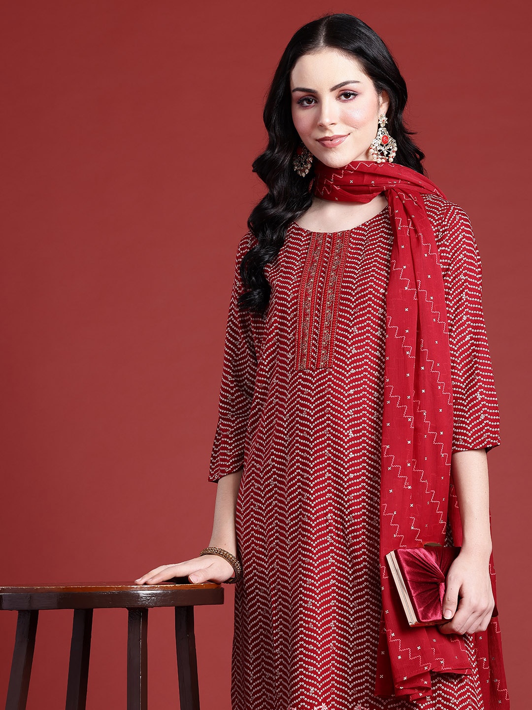 

Anouk Bandhani Printed Regular Thread Work Kurta With Trousers & Dupatta, Red
