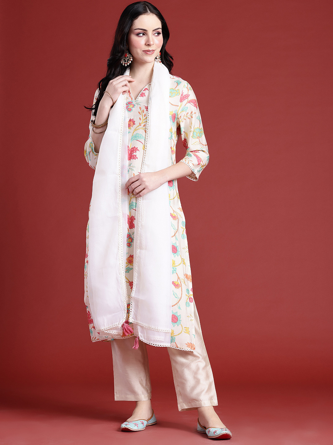 

Anouk Printed Lace inserts Straight Kurta with Trousers & With Dupatta, White