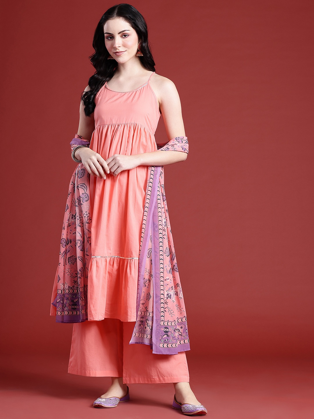

Anouk Halter Neck Gotta Patti Pure Cotton Kurta with Trousers & With Dupatta, Peach