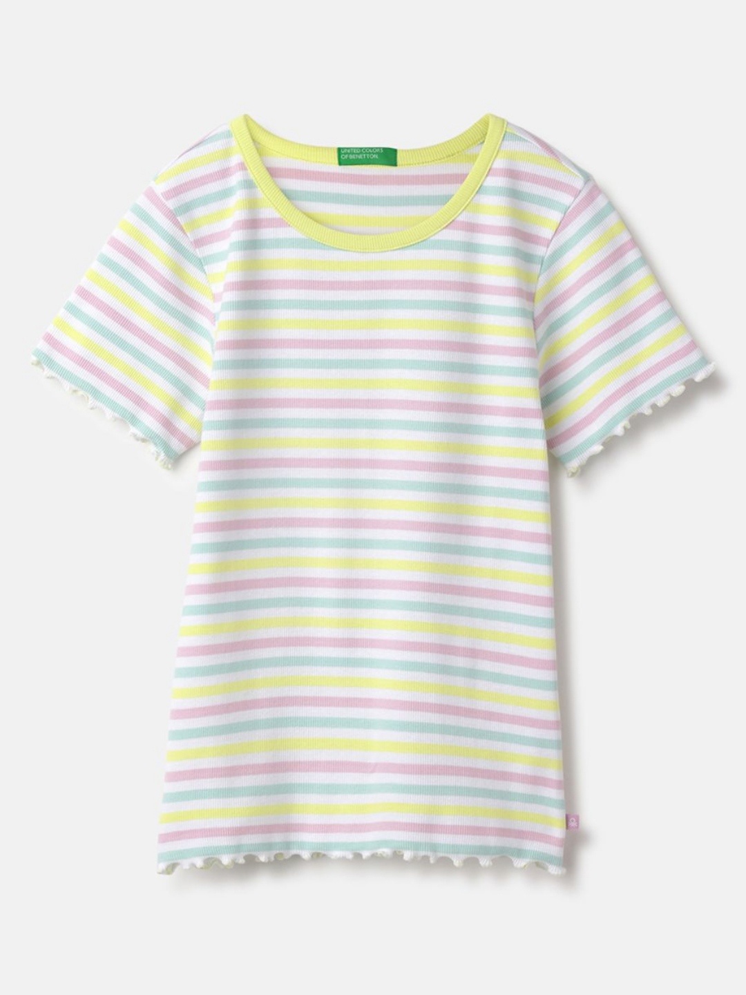 

United Colors of Benetton Girls Striped Round Neck Cotton T-shirt, White