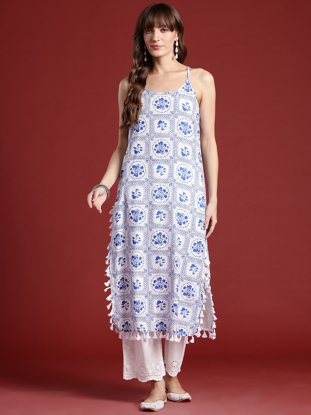 

Anouk Ethnic Motifs Print Tasseled Kurta, White
