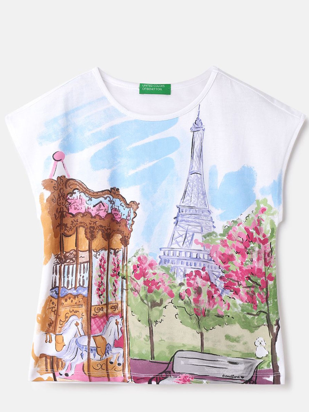United Colors of Benetton Printed Pure Cotton Top, White