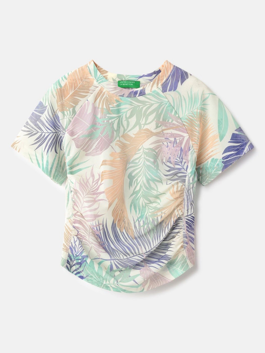 

United Colors of Benetton Girls Floral Printed Round Neck Cotton T-shirt, White