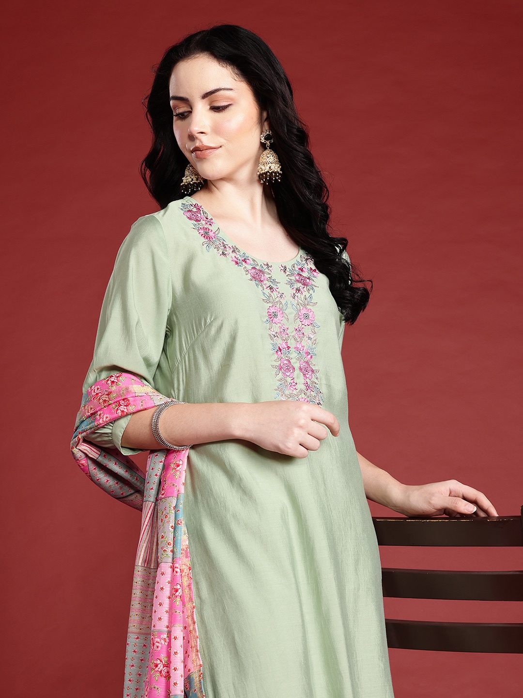 

Anouk Floral Embroidered Kurta With Trousers & With Dupatta, Green