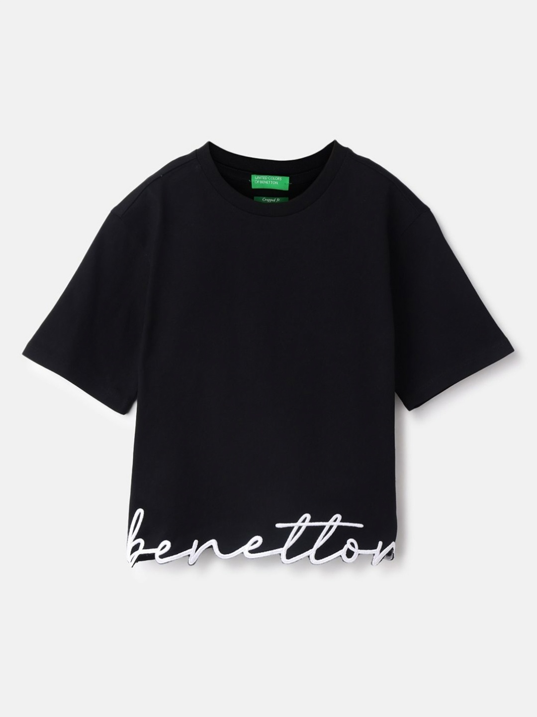 

United Colors of Benetton Girls Typography Printed Round Neck Pure Cotton T-shirt, Black