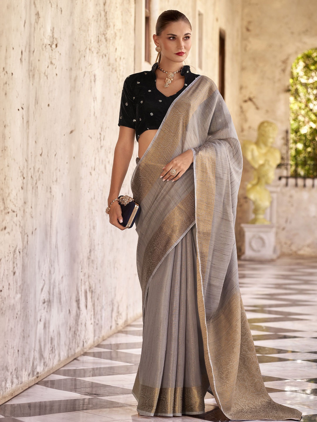 

MAHALASA Woven Design Zari Tissue Saree, Grey