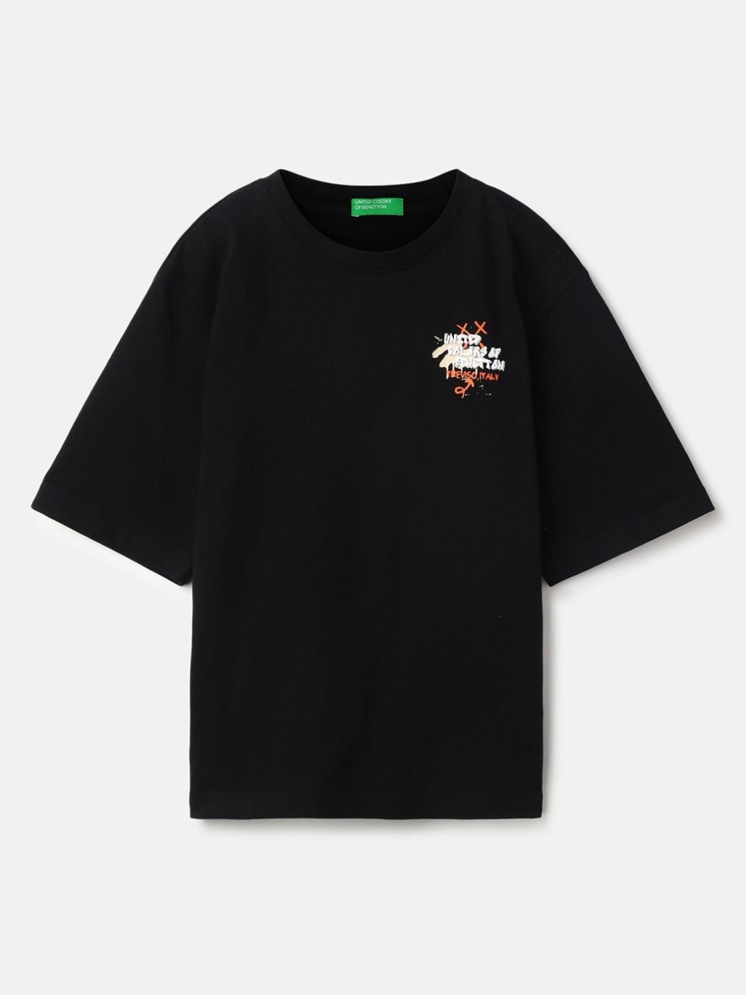 United Colors of Benetton Girls Pure Cotton Applique T-shirt, Black