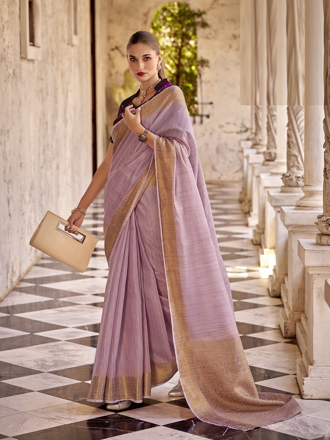 

MAHALASA Woven Design Zari Tissue Saree, Purple
