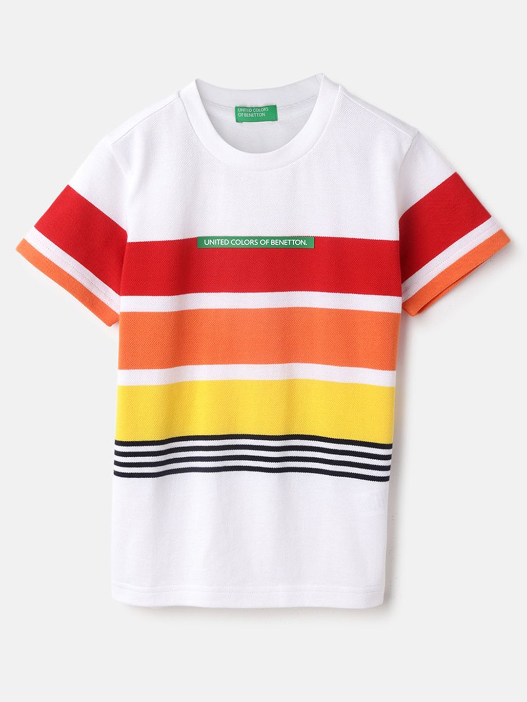 

United Colors of Benetton Boys Striped Round Neck Pure Cotton T-shirt, White