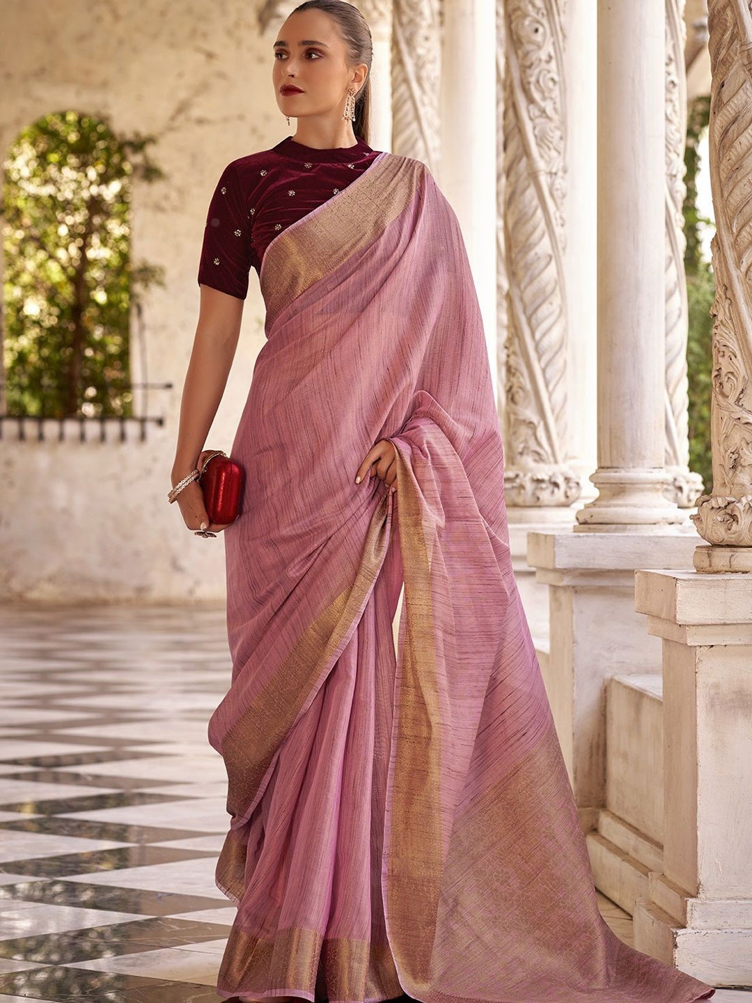 

MAHALASA Woven Design Zari Tissue Saree, Pink