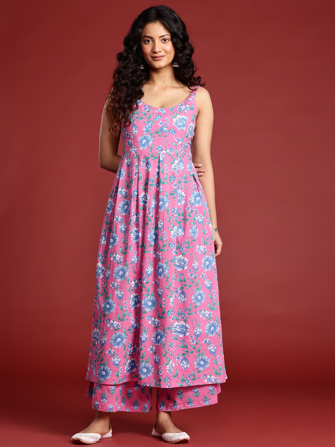

Anouk Floral Printed Pleated Pure Cotton Kurta with Palazzos, Pink