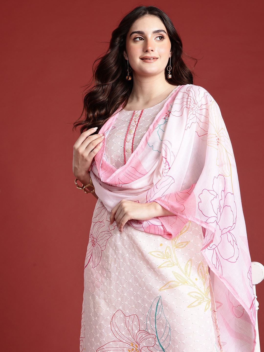 

Anouk Floral Print Schiffli Kurta with Trousers & Dupatta, White