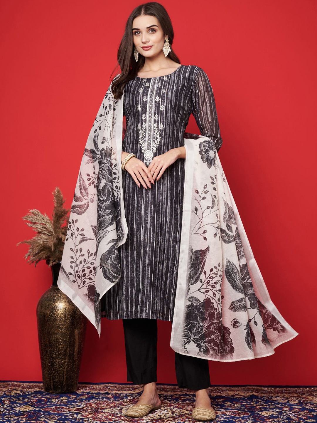 

Label Khoj Striped Regular Thread Work Chanderi Silk Kurta With Trousers & Dupatta, Black