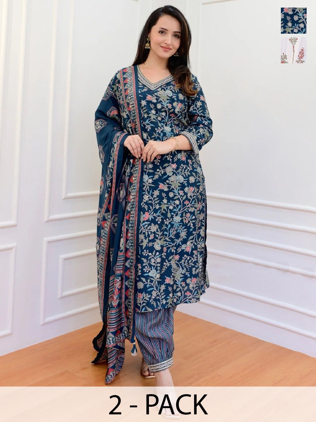 

KALINI Selection Of 2 Floral Printed V-Neck Straight Kurta With Trousers & Dupatta, Blue