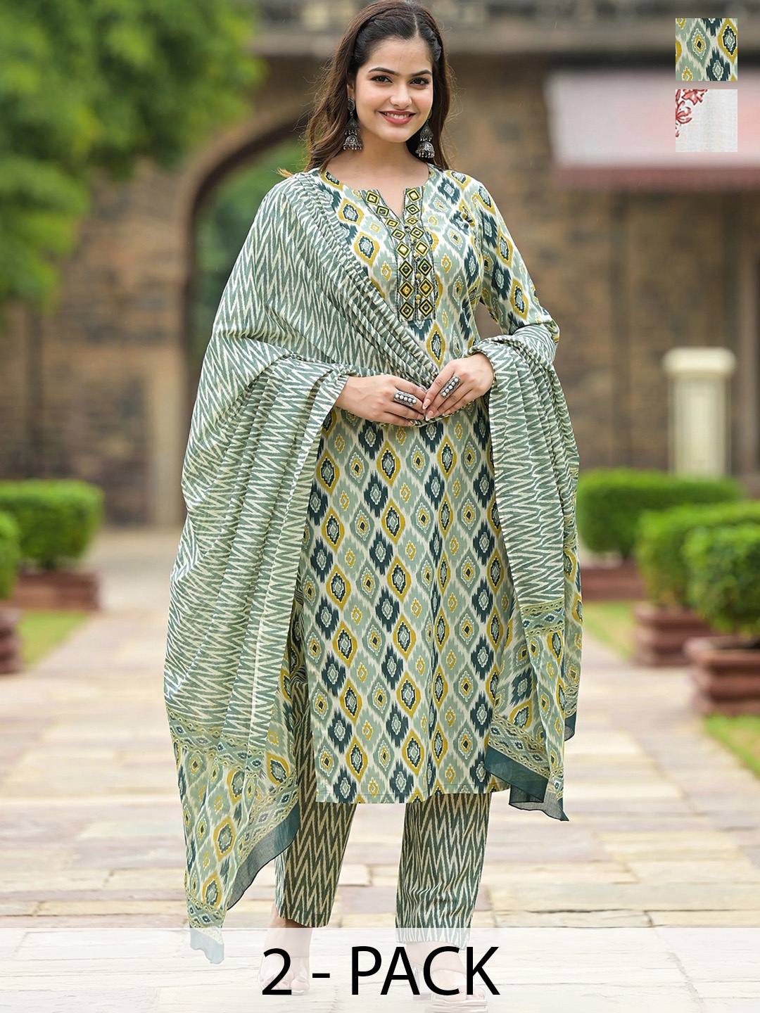 

KALINI Selections Of 2 Ethnic Motifs Printed Kurta with Palazzo & Dupatta, White