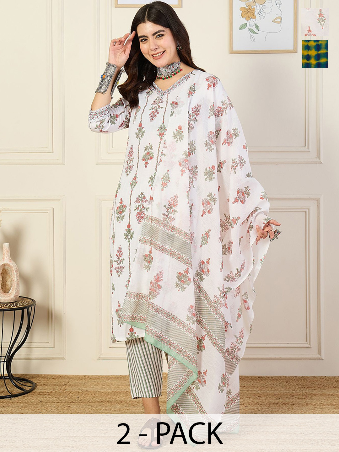 

KALINI Pack Of 2 Floral Printed V-Neck Straight Kurta With Trouser And Dupatta, White