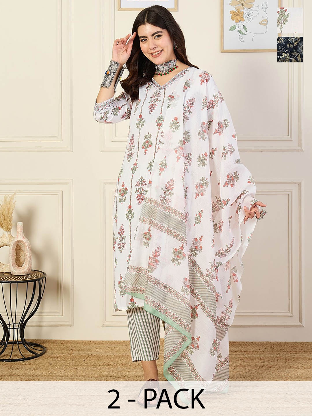 

KALINI Pack of 2 Ethnic Motifs Printed V Neck Kurta with Trousers & Dupatta, White