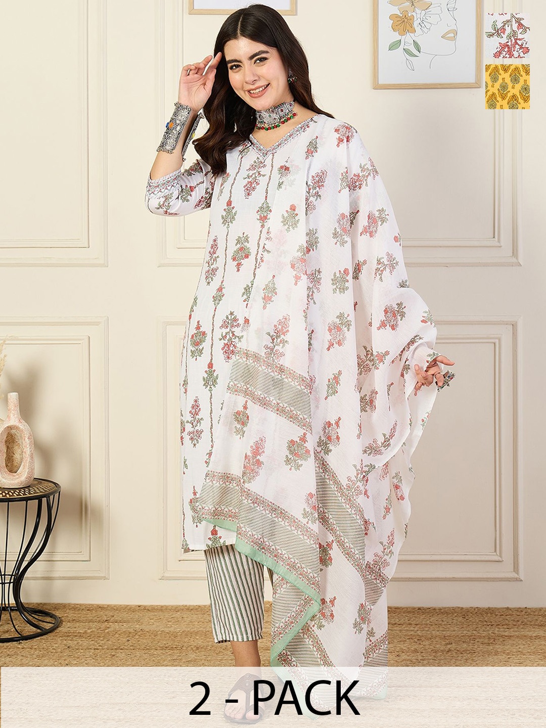 

KALINI Selection Of 2 Floral Printed V-Neck Straight Kurta With Trousers And Dupatta, White