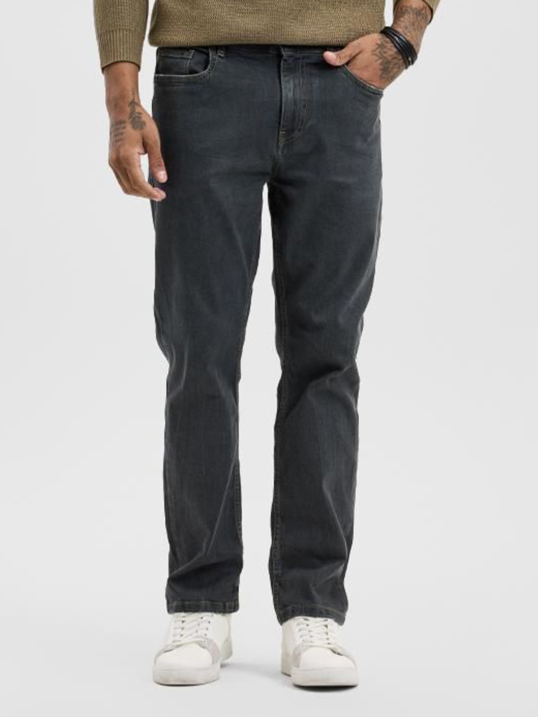 

Snitch Men Cotton Regular Fit Classic Light Fade Jeans, Charcoal
