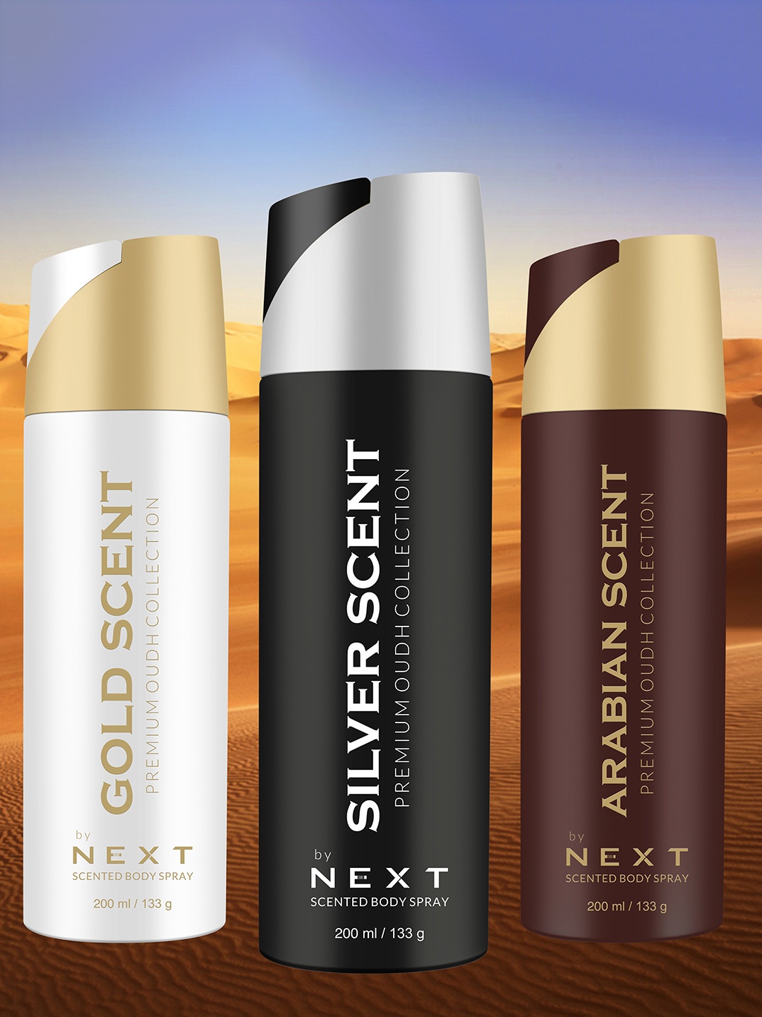 

NEXT CARE Set Of 3 Gold, Silver & Arabian Scent Perfumed Oudh Body Spray - 200 ml Each