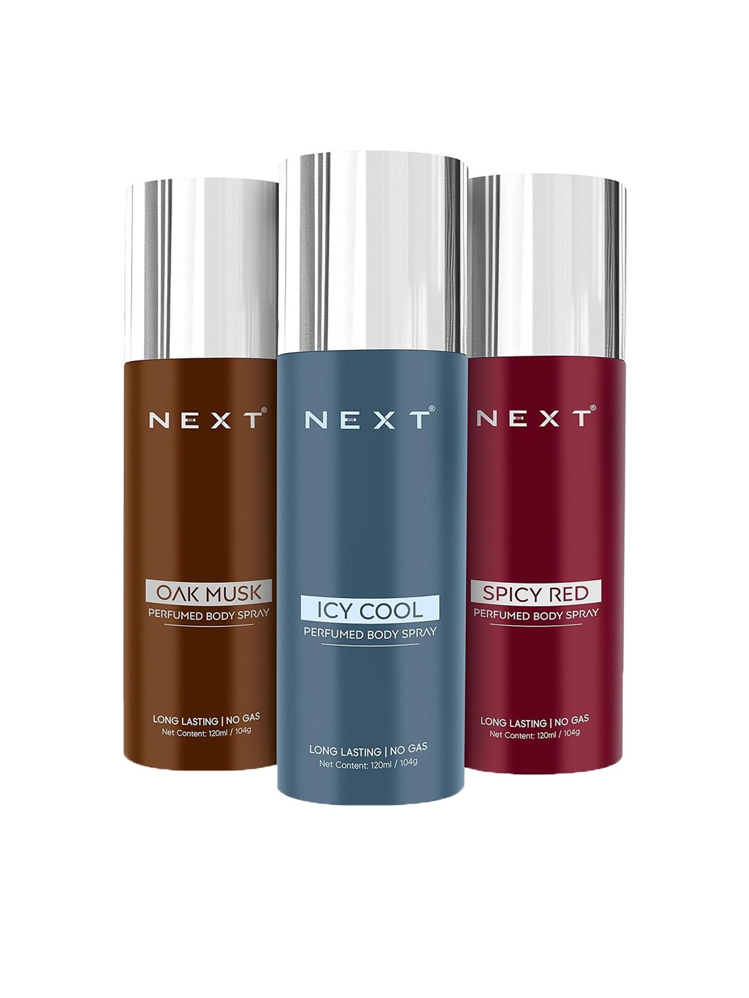 

NEXT CARE Oak Musk- Spicy Red & Icy Cool Set Of 3 Alcohol-Free Body Spray - 120 ml Each, Brown