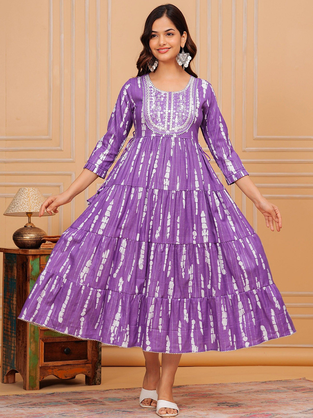 

BABA KURTI Ethnic Motifs Embroidered Mirror Work A-Line Ethnic Dress, Purple
