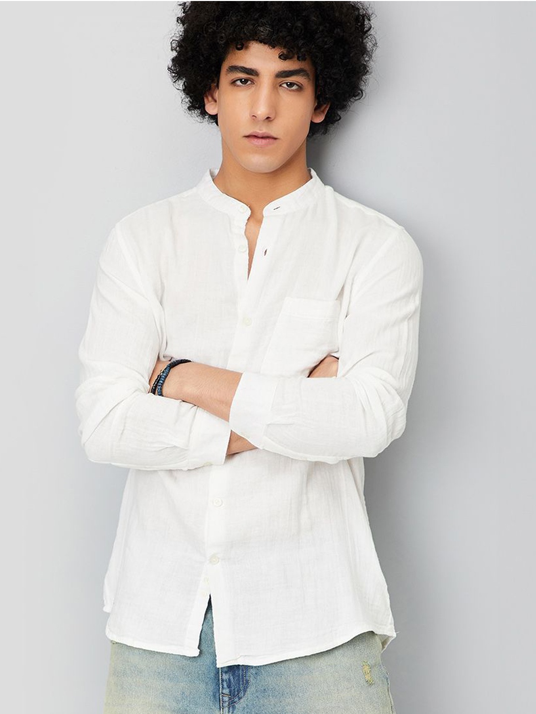 

max Mandarin Collar Pure Cotton Straight Short Kurta, White
