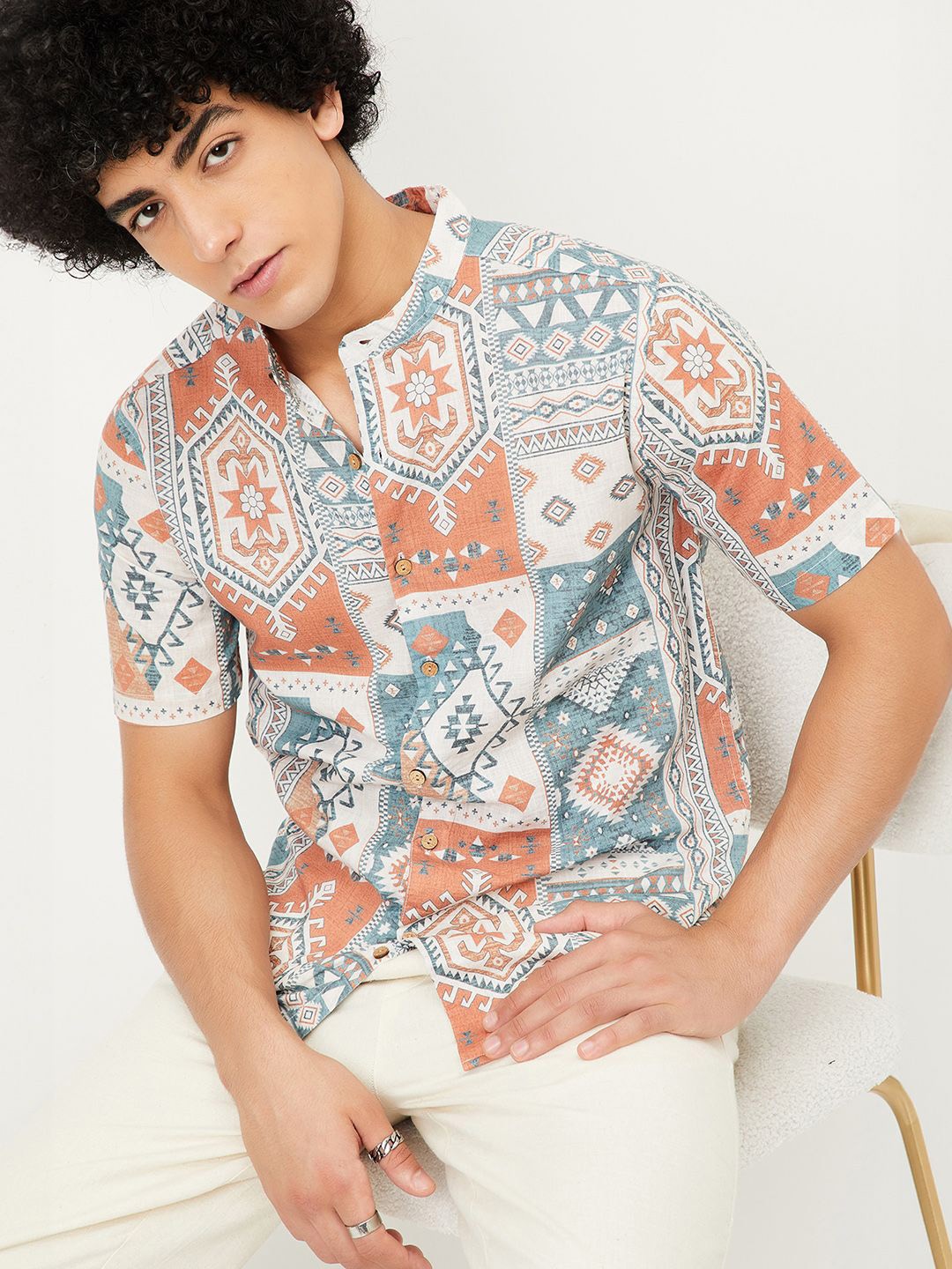 

max Ethnic Motifs Printed Mandarin Collar Pure Cotton Straight Short Kurta, Beige